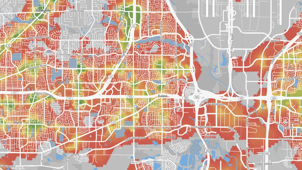 Walk Grade map of Euless, TX, walkable areas in green and car-dependent areas in red