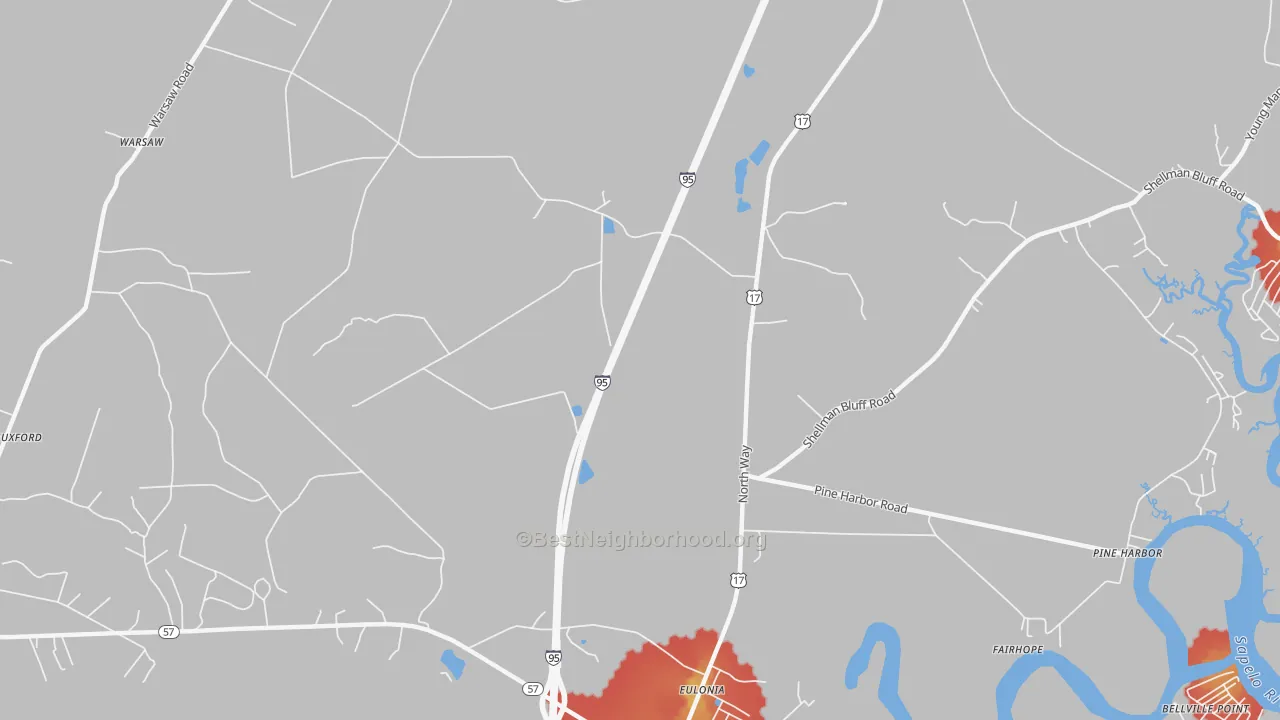 Walk Grade map of Eulonia, GA, walkable areas in green and car-dependent areas in red