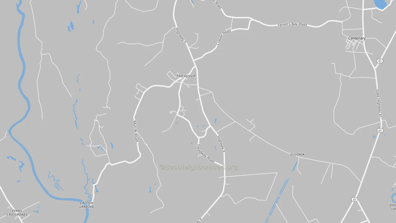 Walk Grade map of Eulonia, SC, walkable areas in green and car-dependent areas in red