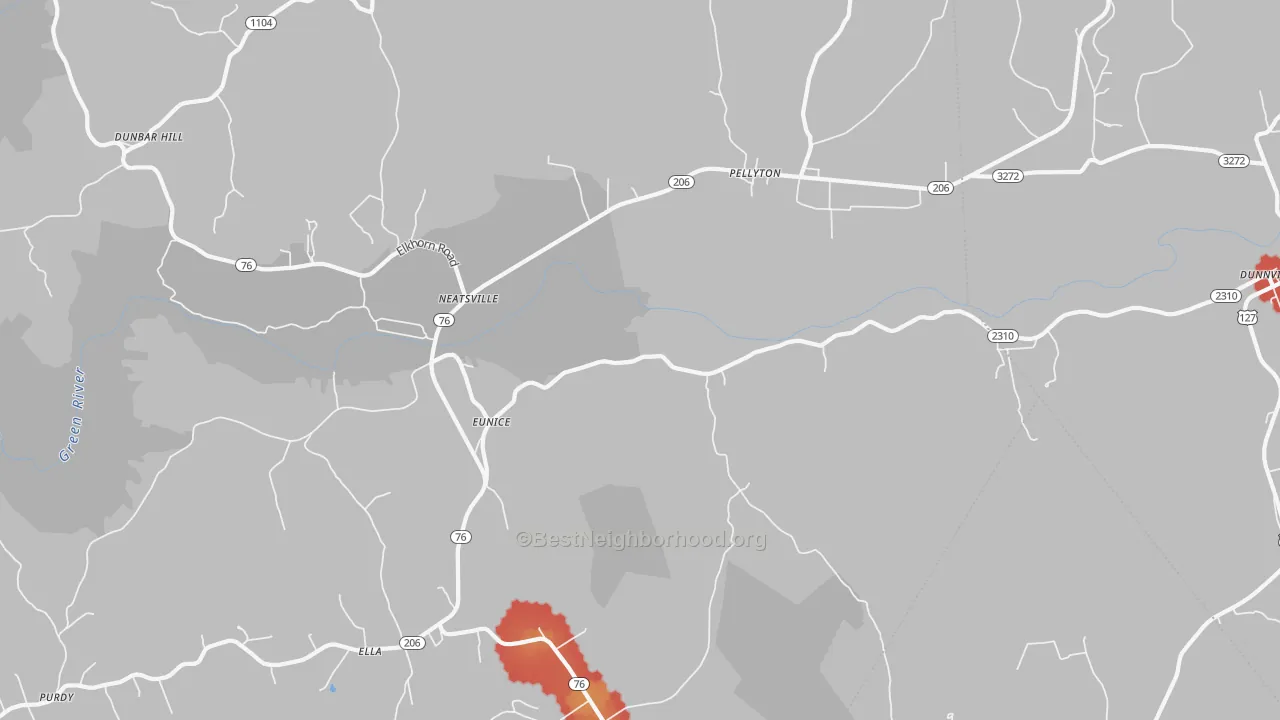 Walk Grade map of Eunice, KY, walkable areas in green and car-dependent areas in red