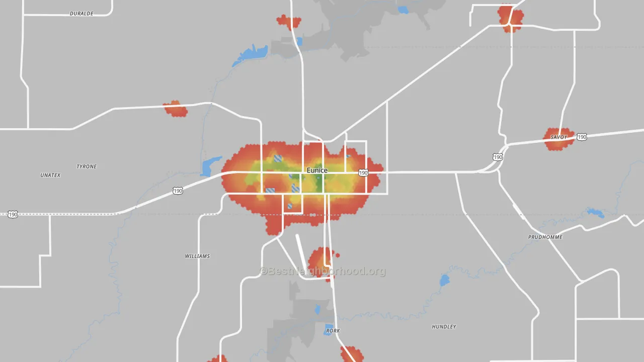 Walk Grade map of Eunice, LA, walkable areas in green and car-dependent areas in red