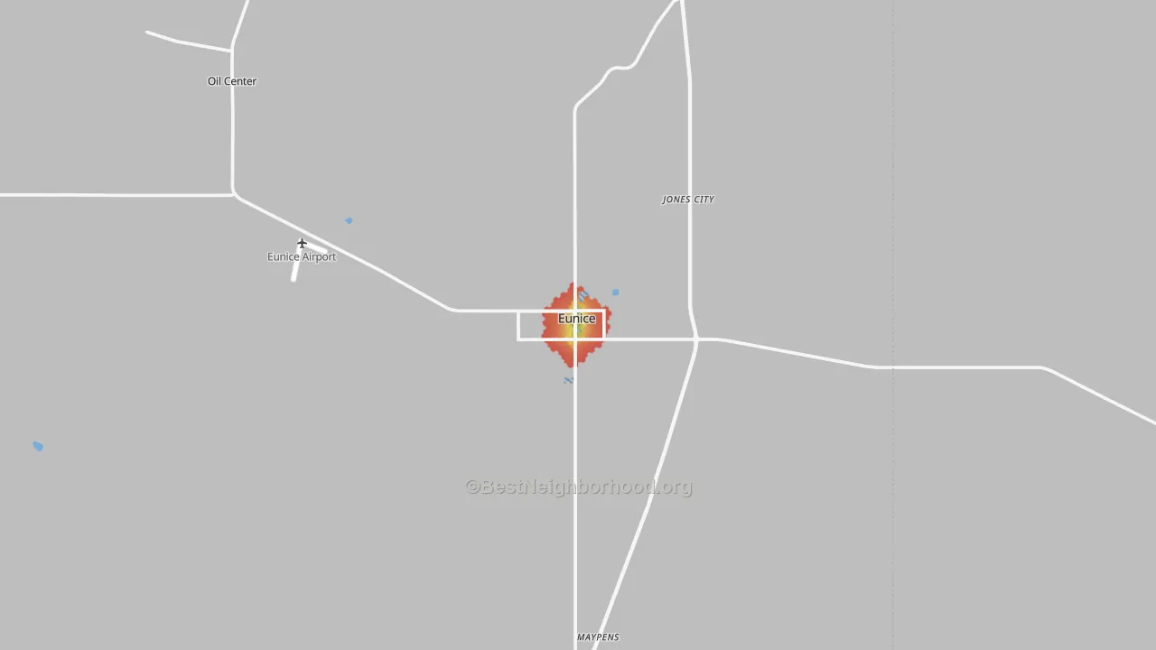 Walk Grade map of Eunice, NM, walkable areas in green and car-dependent areas in red