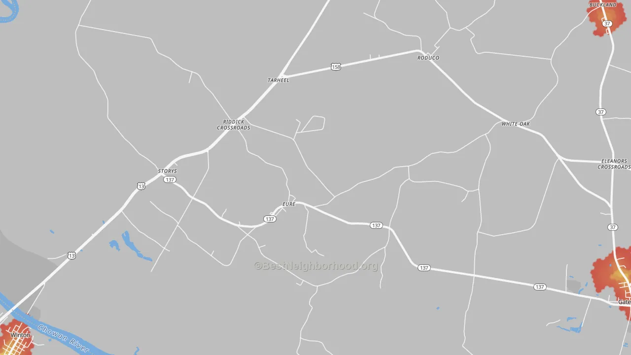 Walk Grade map of Eure, NC, walkable areas in green and car-dependent areas in red