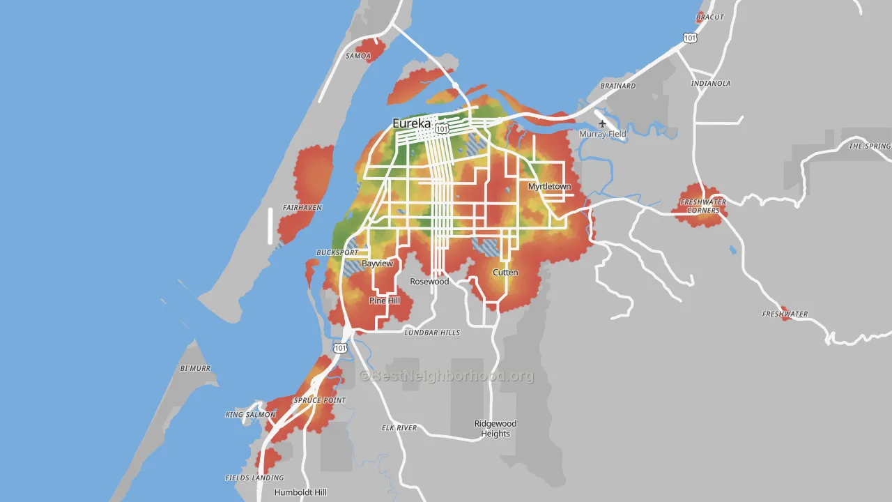 Walk Grade map of Eureka, CA, walkable areas in green and car-dependent areas in red