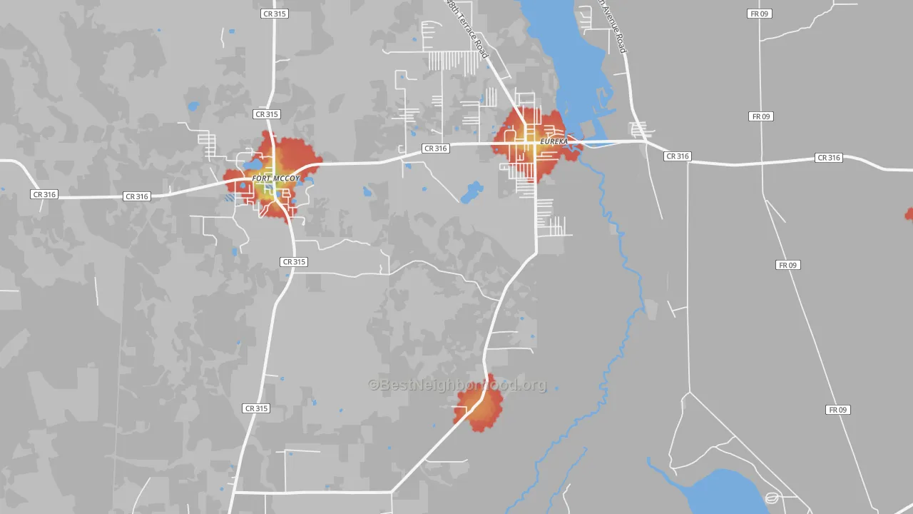Walk Grade map of Eureka, FL, walkable areas in green and car-dependent areas in red
