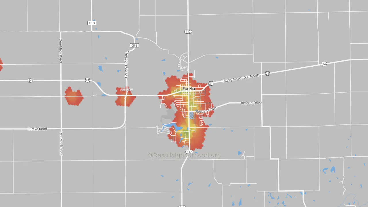 Walk Grade map of Eureka, IL, walkable areas in green and car-dependent areas in red