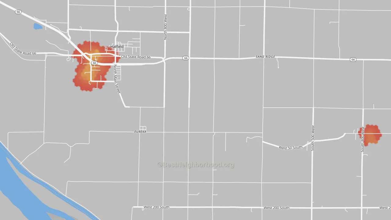 Walk Grade map of Eureka, IN, walkable areas in green and car-dependent areas in red