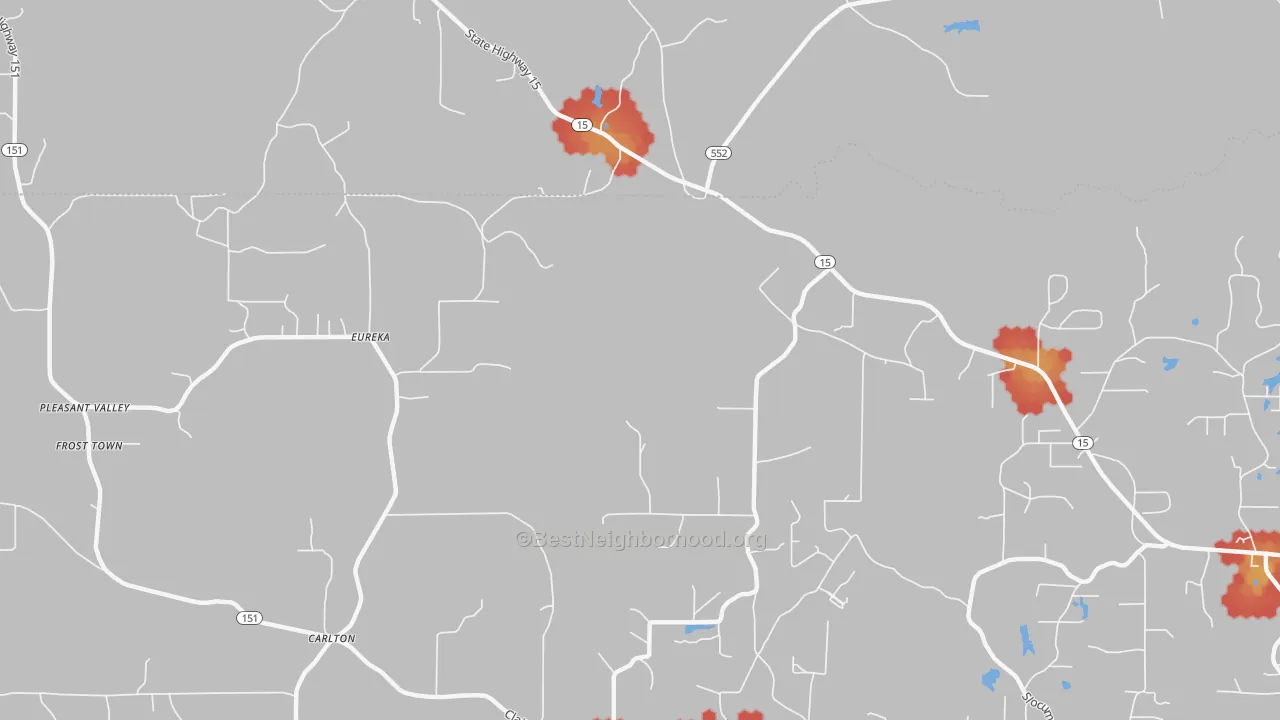 Walk Grade map of Eureka, LA, walkable areas in green and car-dependent areas in red