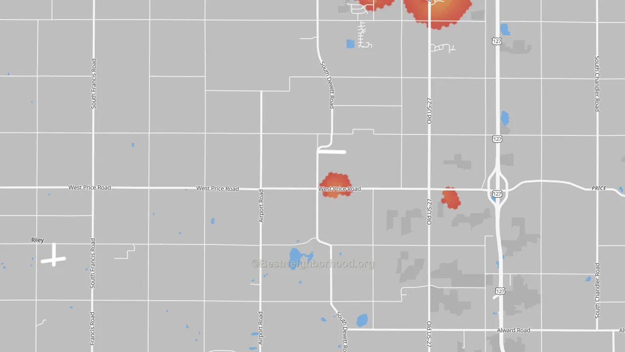 Walk Grade map of Eureka, MI, walkable areas in green and car-dependent areas in red