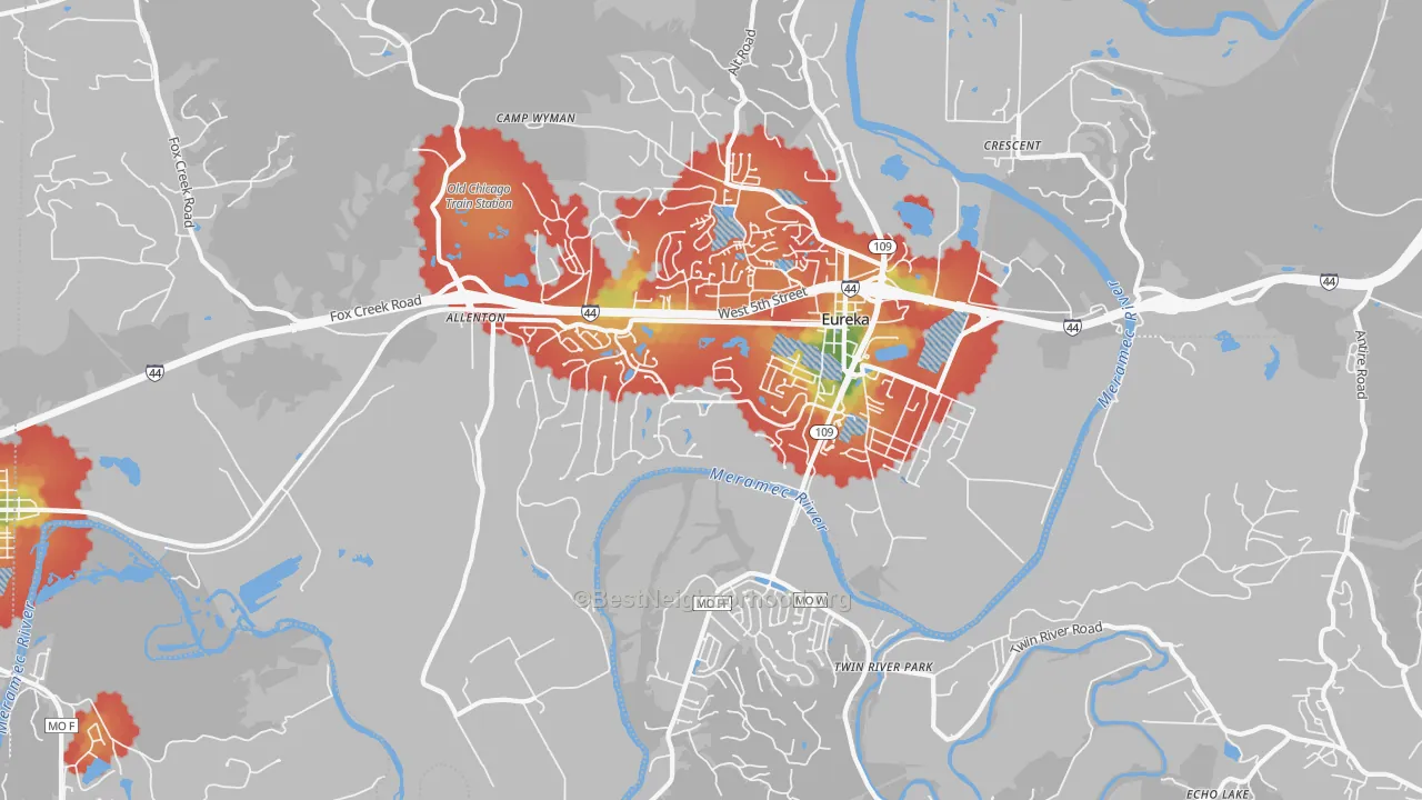 Walk Grade map of Eureka, MO, walkable areas in green and car-dependent areas in red