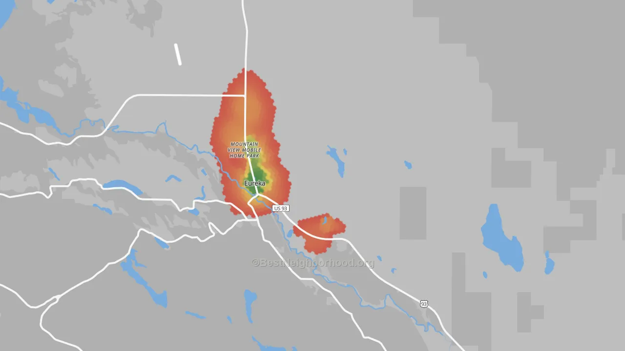 Walk Grade map of Eureka, MT, walkable areas in green and car-dependent areas in red