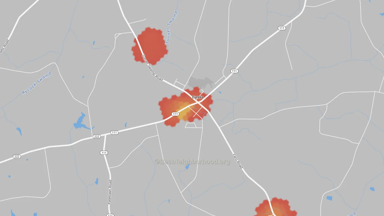 Walk Grade map of Eureka, NC, walkable areas in green and car-dependent areas in red
