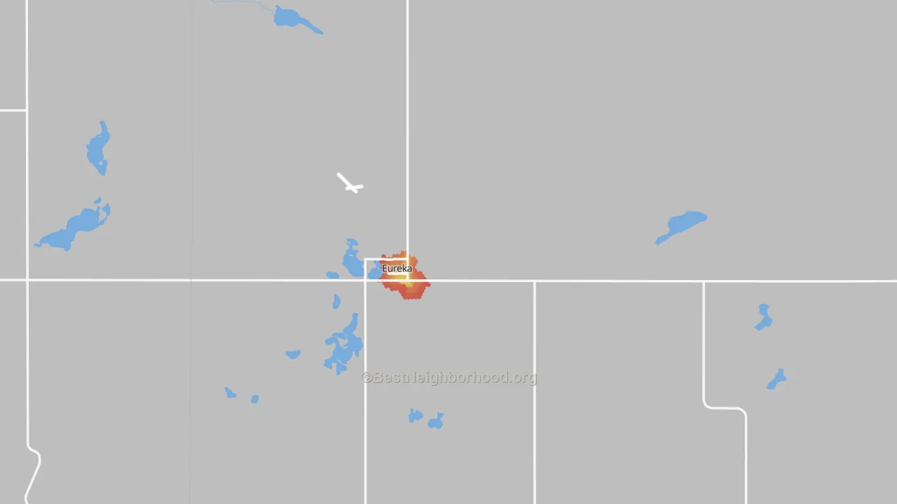 Walk Grade map of Eureka, SD, walkable areas in green and car-dependent areas in red