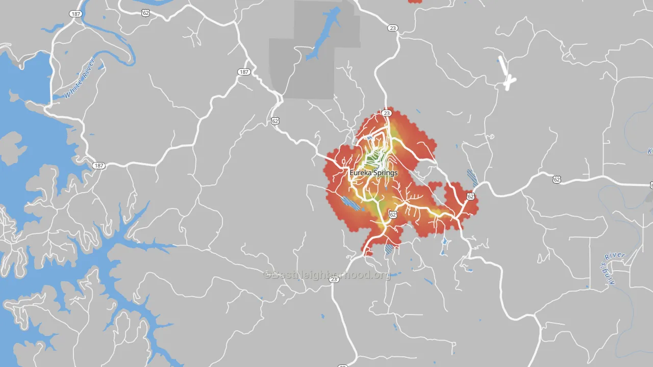 Walk Grade map of Eureka Springs, AR, walkable areas in green and car-dependent areas in red