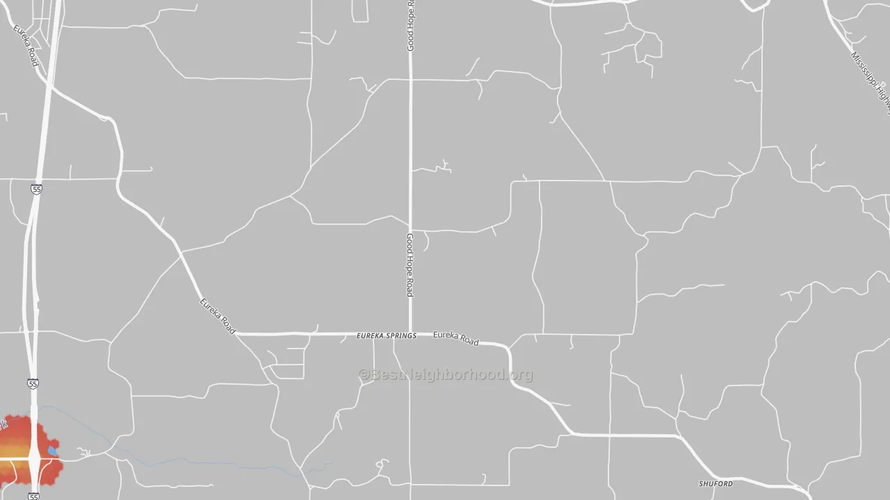 Walk Grade map of Eureka Springs, MS, walkable areas in green and car-dependent areas in red