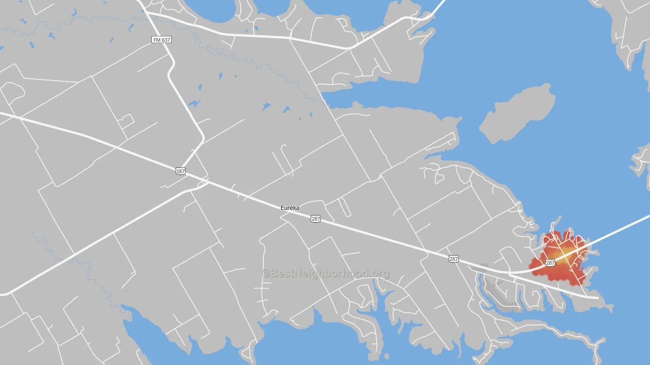 Walk Grade map of Eureka, TX, walkable areas in green and car-dependent areas in red