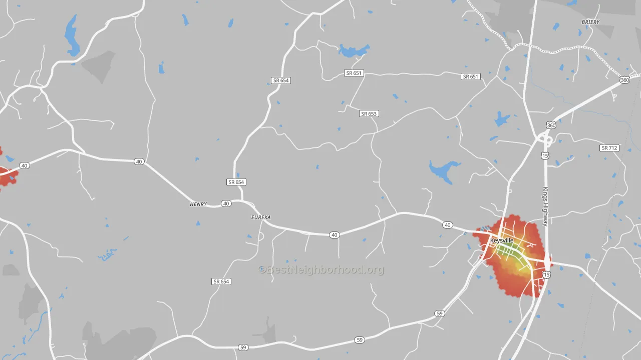 Walk Grade map of Eureka, VA, walkable areas in green and car-dependent areas in red
