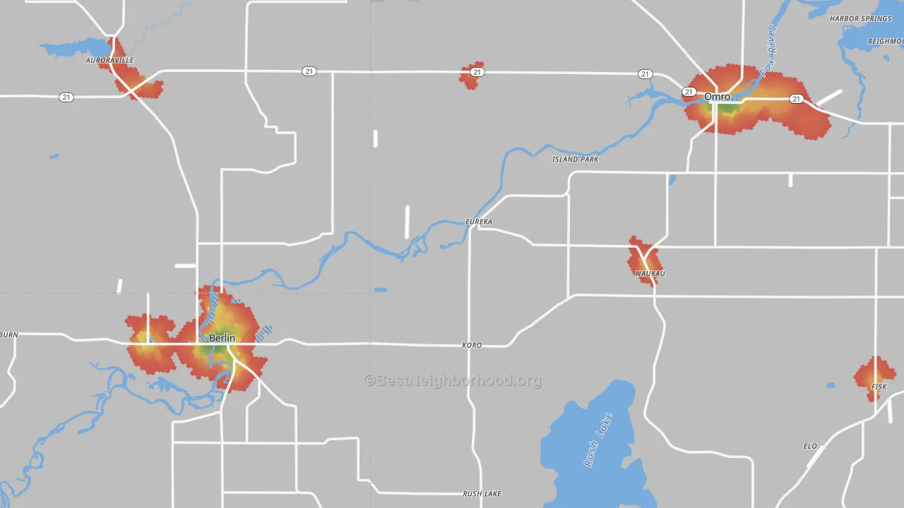 Walk Grade map of Eureka, WI, walkable areas in green and car-dependent areas in red