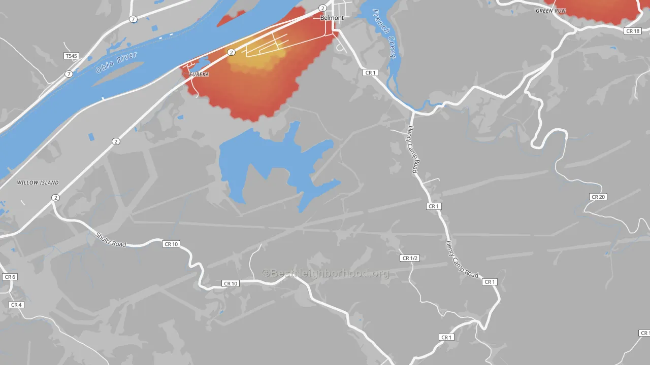 Walk Grade map of Eureka, WV, walkable areas in green and car-dependent areas in red