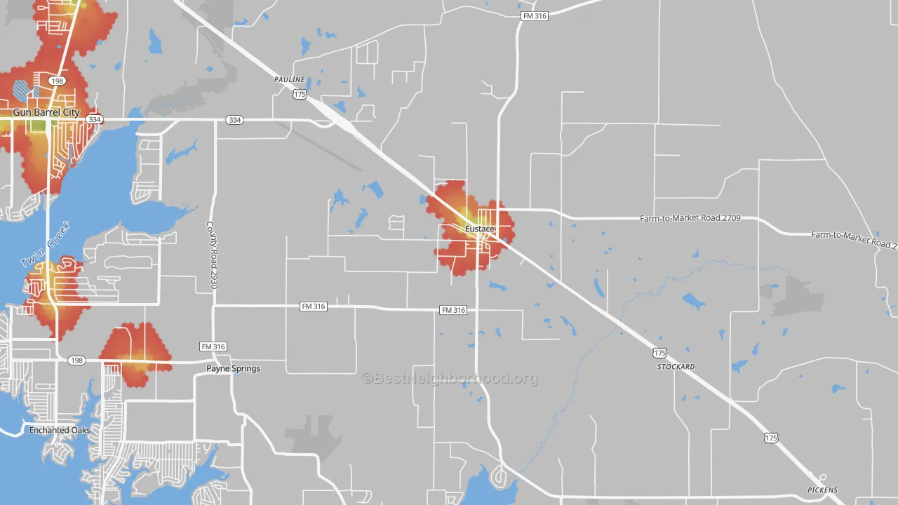 Walk Grade map of Eustace, TX, walkable areas in green and car-dependent areas in red