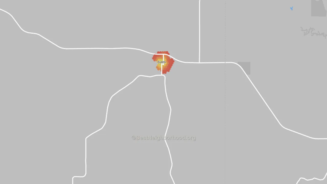 Walk Grade map of Eustis, NE, walkable areas in green and car-dependent areas in red
