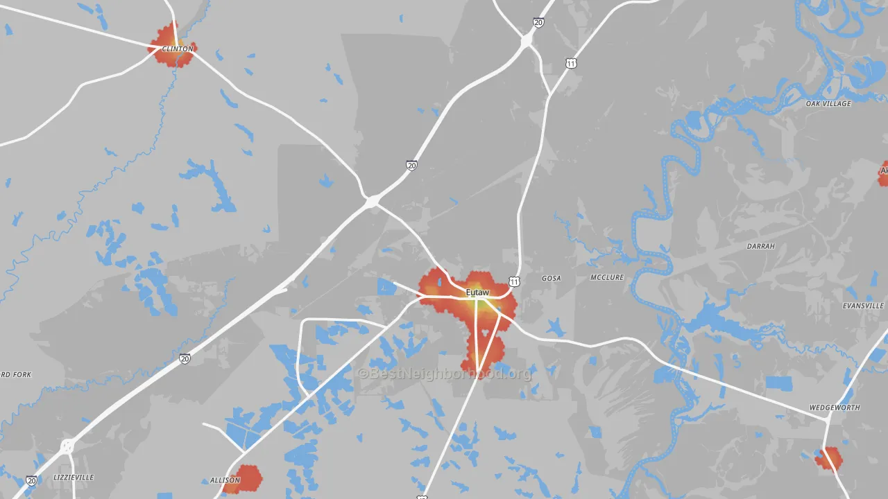 Walk Grade map of Eutaw, AL, walkable areas in green and car-dependent areas in red