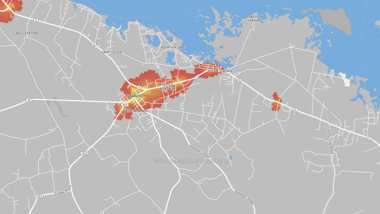 Walk Grade map of Eutawville, SC, walkable areas in green and car-dependent areas in red