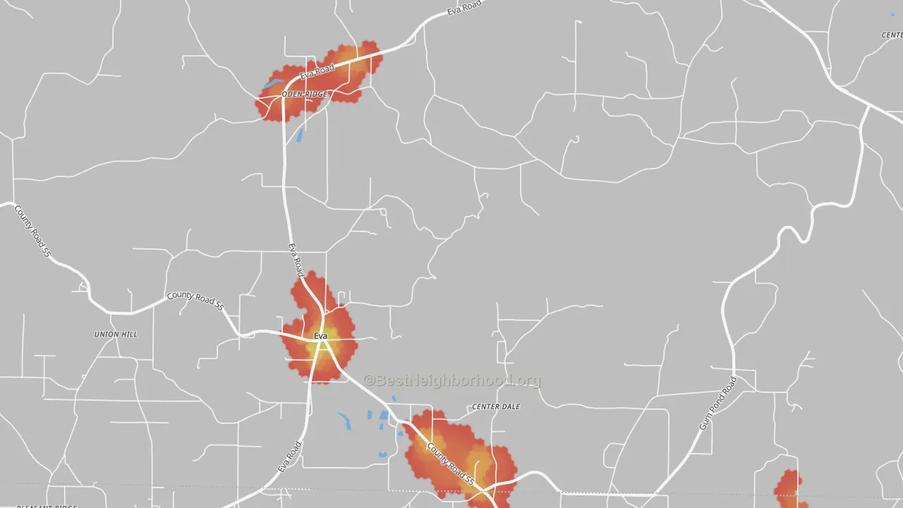 Walk Grade map of Eva, AL, walkable areas in green and car-dependent areas in red