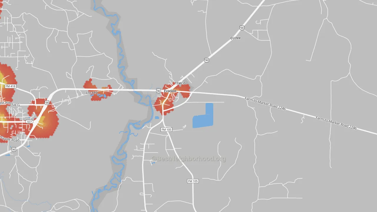 Walk Grade map of Evadale, TX, walkable areas in green and car-dependent areas in red