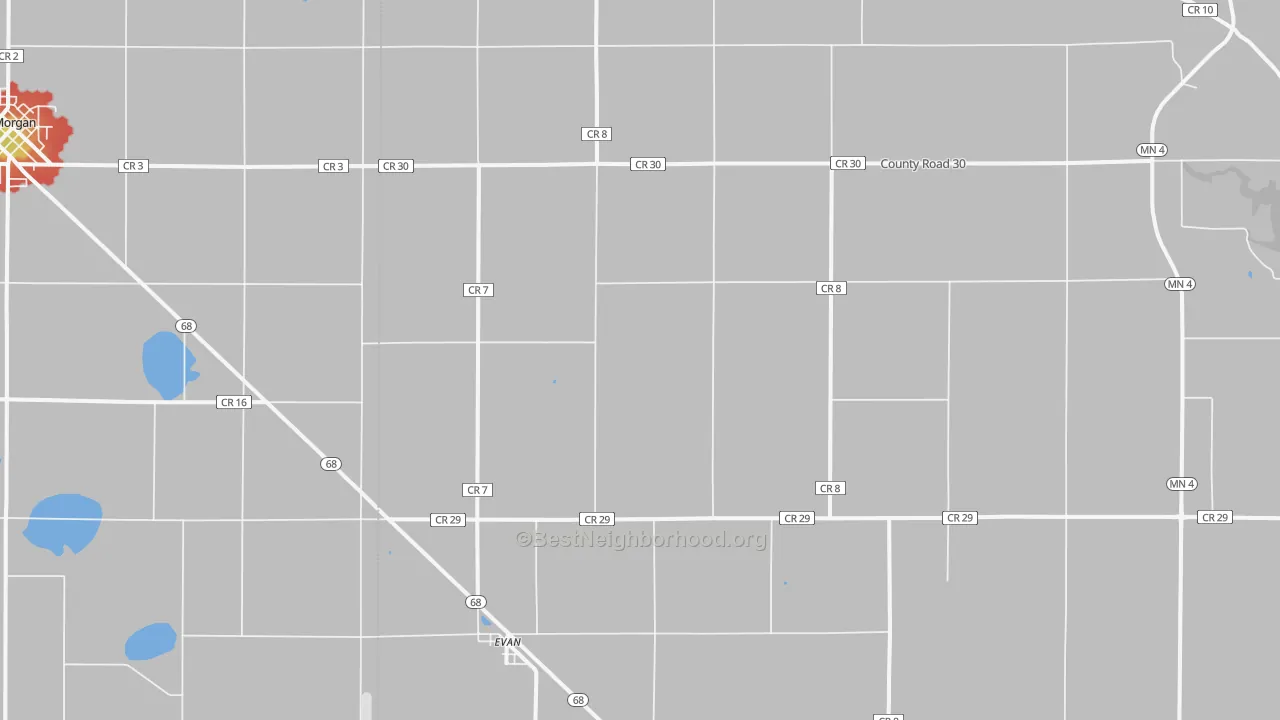 Walk Grade map of Evan, MN, walkable areas in green and car-dependent areas in red