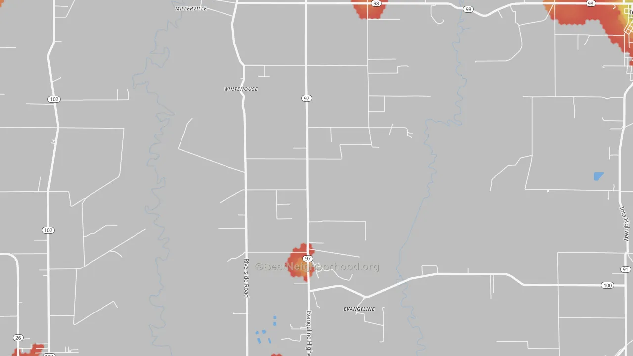 Walk Grade map of Evangeline, LA, walkable areas in green and car-dependent areas in red