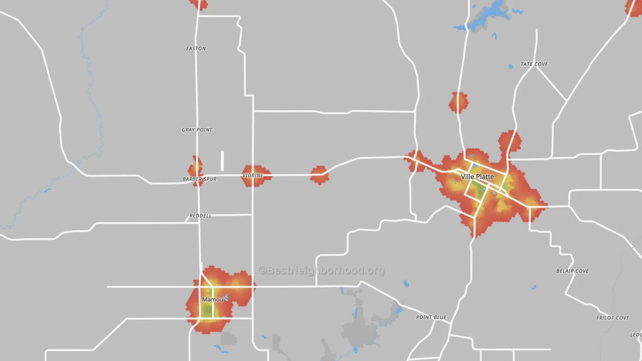 Walk Grade map of Evangeline Parish, LA, walkable areas in green and car-dependent areas in red