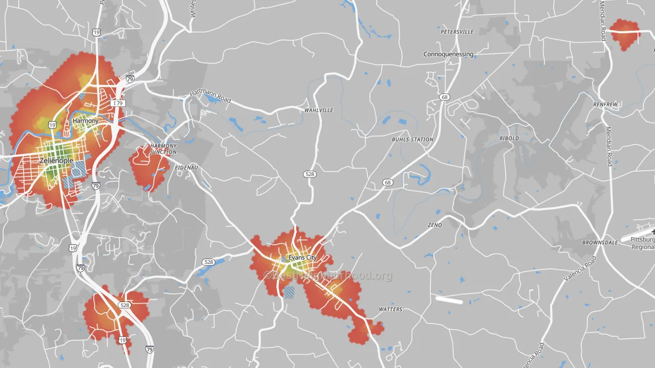 Walk Grade map of Evans City, PA, walkable areas in green and car-dependent areas in red