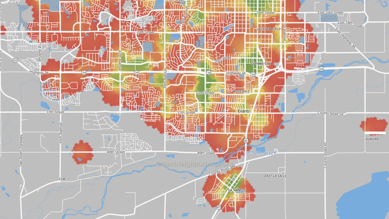 Walk Grade map of Evans, CO, walkable areas in green and car-dependent areas in red
