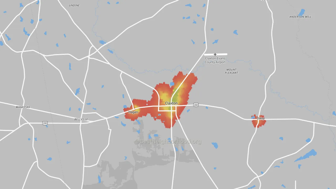 Walk Grade map of Evans County, GA, walkable areas in green and car-dependent areas in red