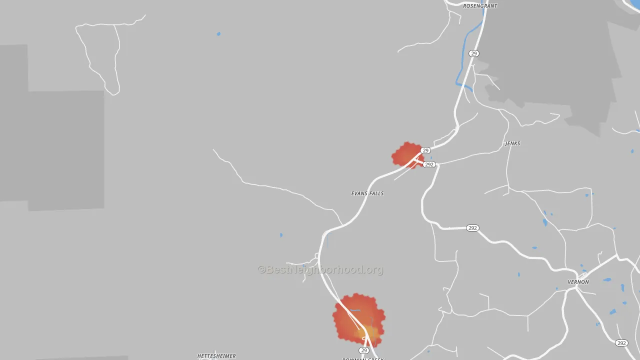 Walk Grade map of Evans Falls, PA, walkable areas in green and car-dependent areas in red