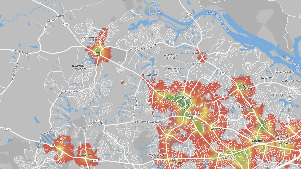 Walk Grade map of Evans, GA, walkable areas in green and car-dependent areas in red