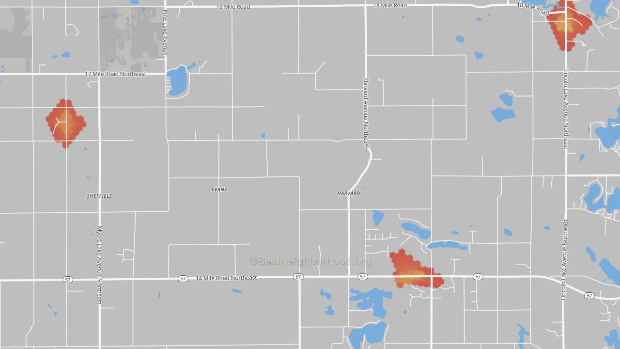 Walk Grade map of Evans, MI, walkable areas in green and car-dependent areas in red
