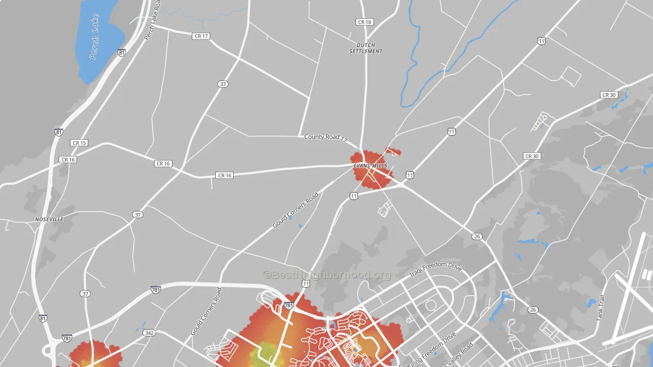 Walk Grade map of Evans Mills, NY, walkable areas in green and car-dependent areas in red