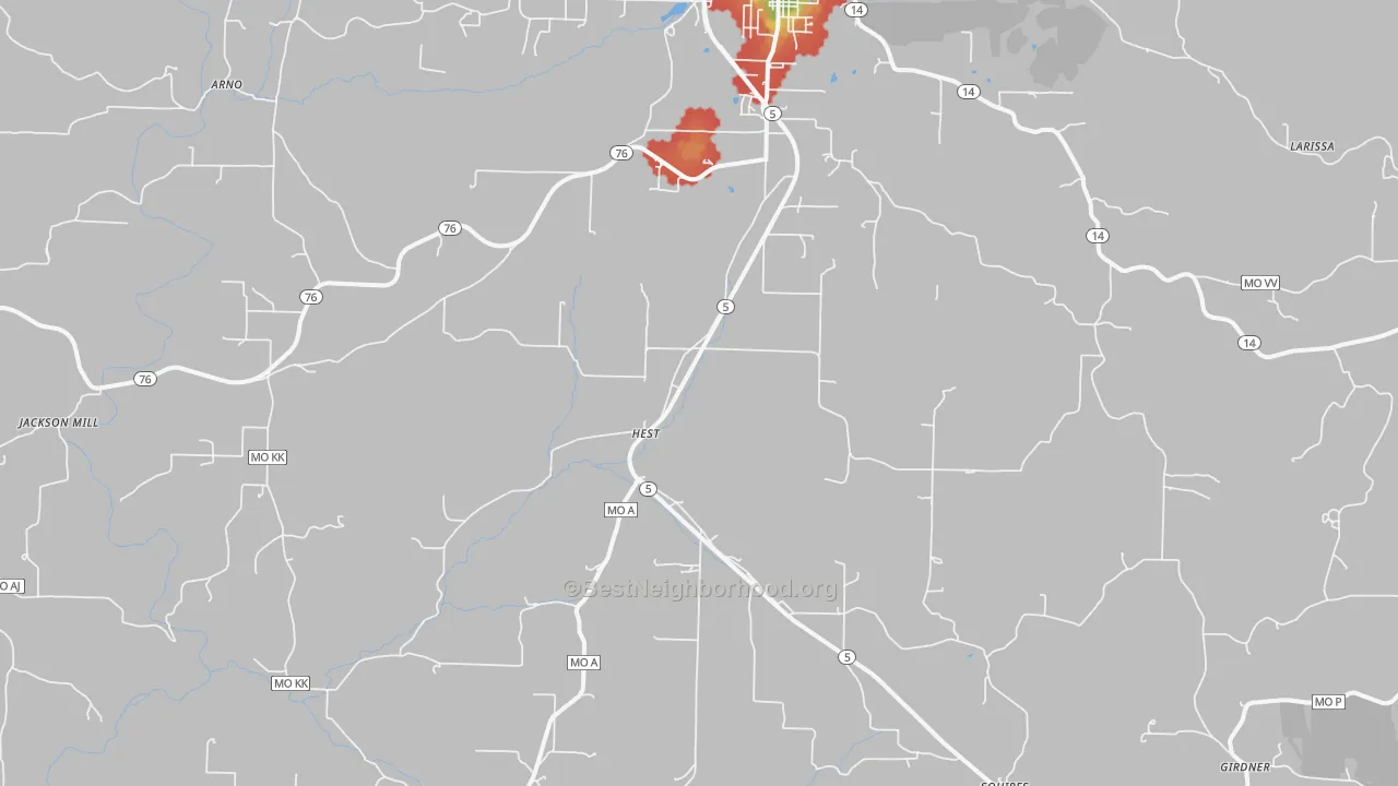 Walk Grade map of Evans, MO, walkable areas in green and car-dependent areas in red