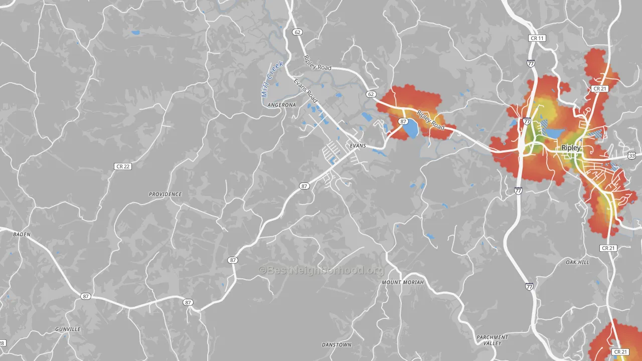 Walk Grade map of Evans, WV, walkable areas in green and car-dependent areas in red