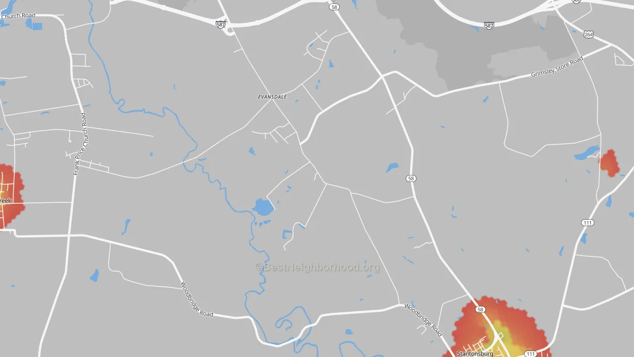 Walk Grade map of Evansdale, NC, walkable areas in green and car-dependent areas in red