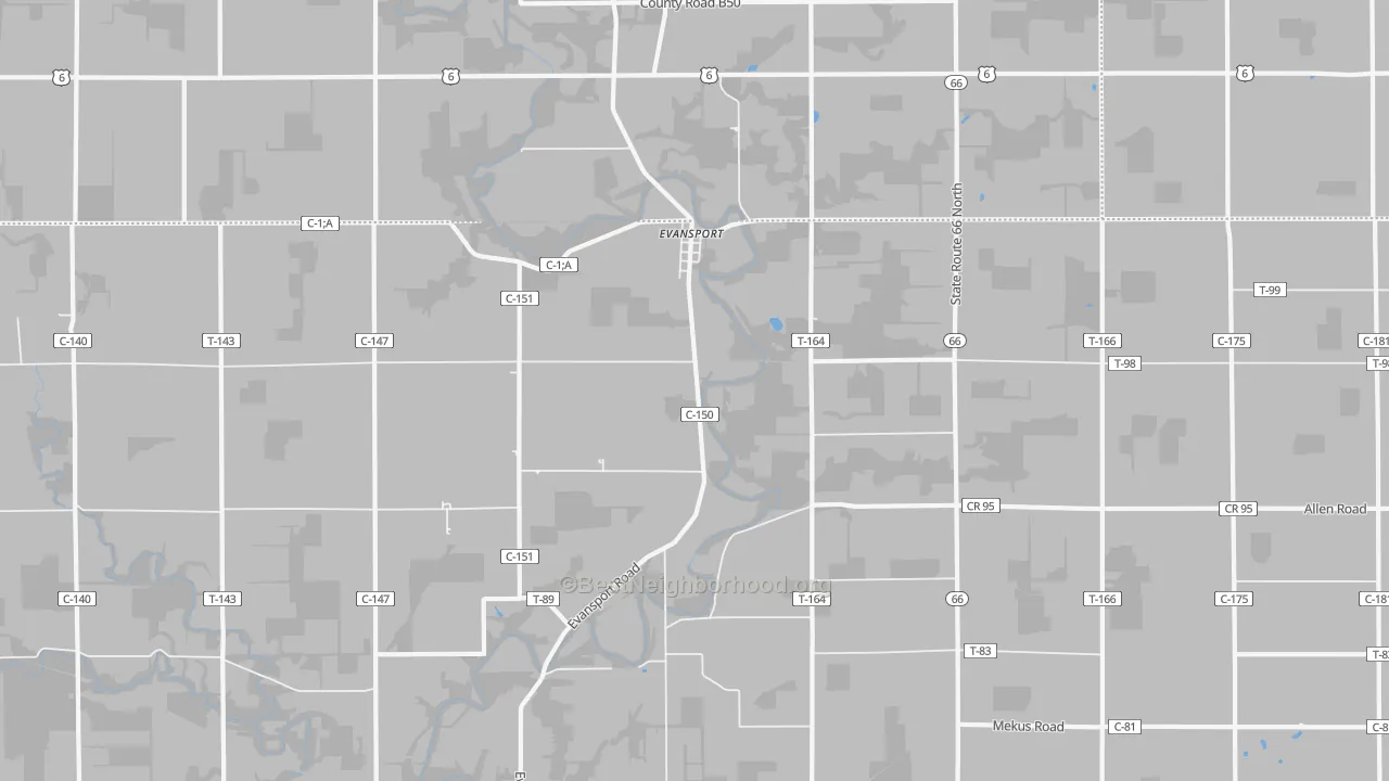 Walk Grade map of Evansport, OH, walkable areas in green and car-dependent areas in red