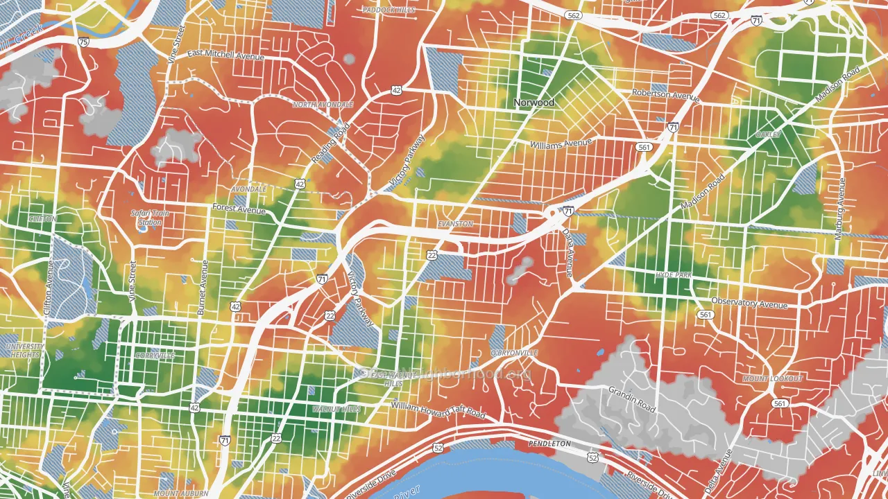 Walk Grade map of Evanston, Cincinnati, OH, walkable areas in green and car-dependent areas in red