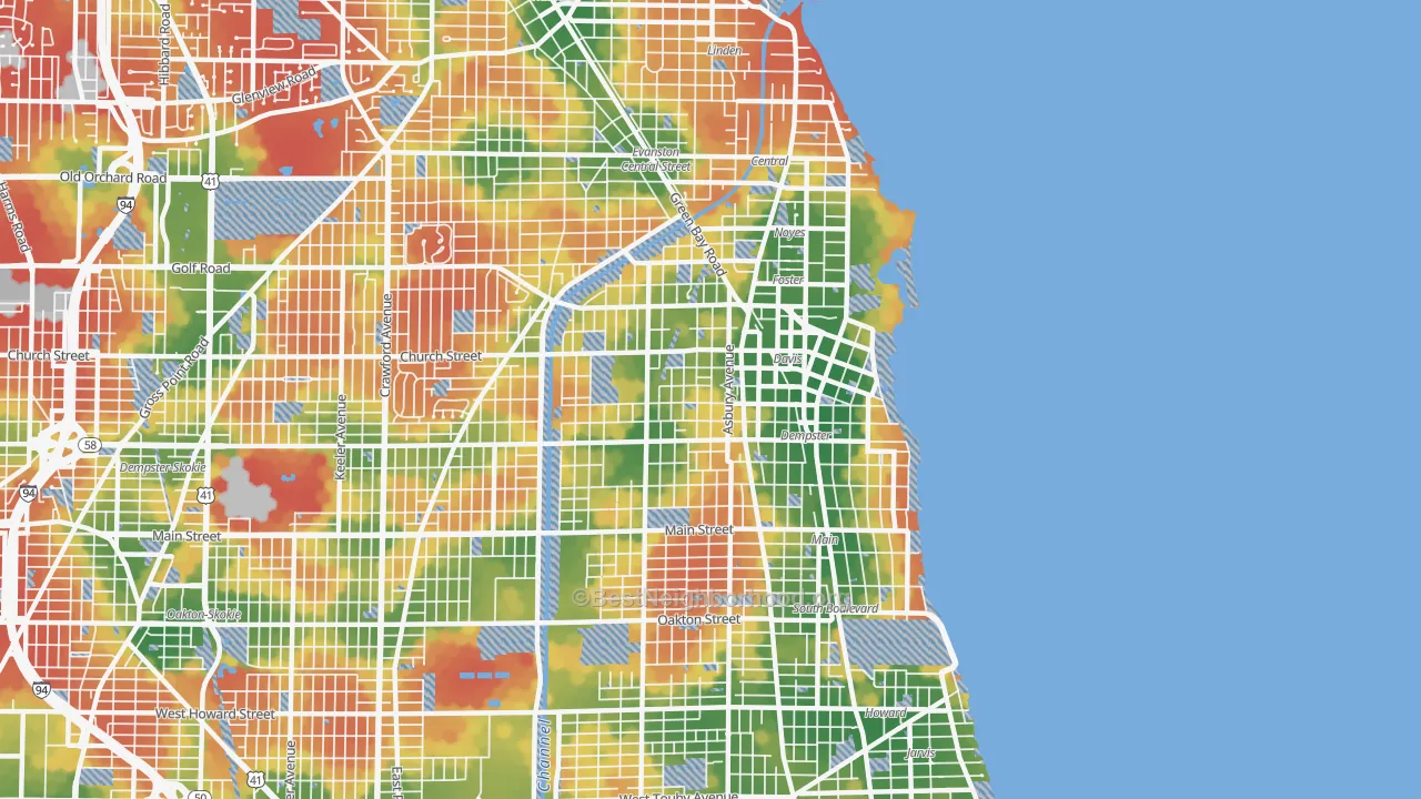 Walk Grade map of Evanston, IL, walkable areas in green and car-dependent areas in red