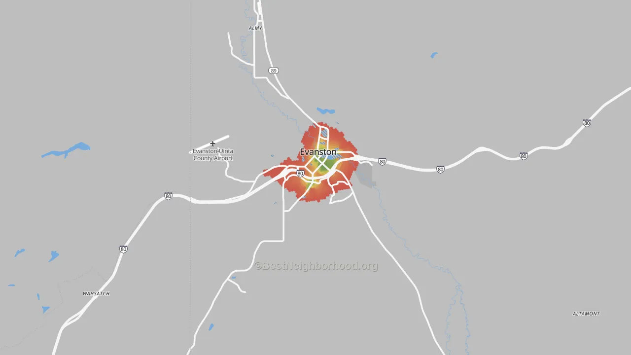 Walk Grade map of Evanston, WY, walkable areas in green and car-dependent areas in red