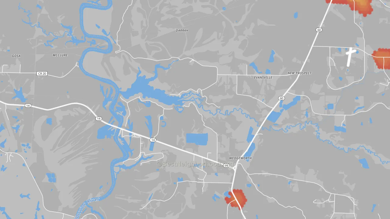 Walk Grade map of Evansville, AL, walkable areas in green and car-dependent areas in red