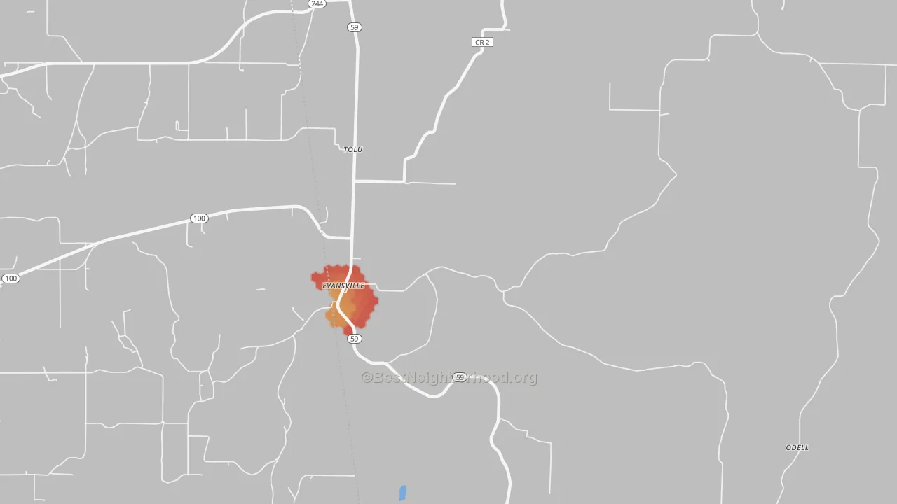 Walk Grade map of Evansville, AR, walkable areas in green and car-dependent areas in red