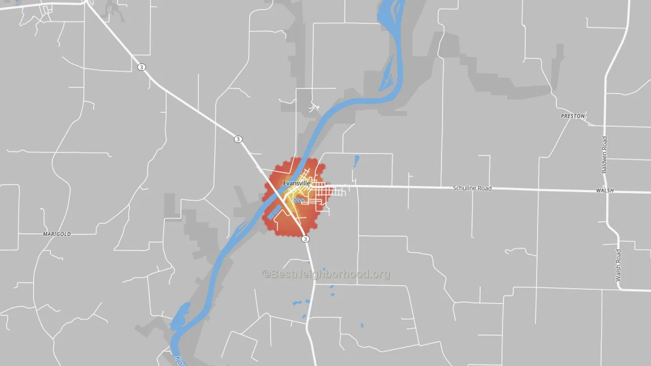 Walk Grade map of Evansville, IL, walkable areas in green and car-dependent areas in red