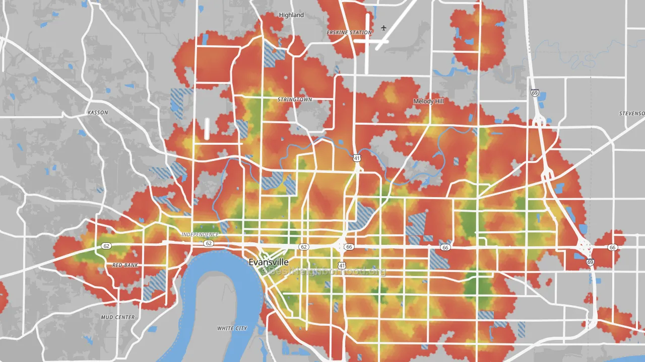 Walk Grade map of Evansville, IN, walkable areas in green and car-dependent areas in red